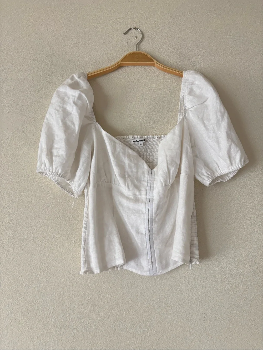 Reformation Rome Linen White Puff Sleeve Smocked Blouse Top Size 8